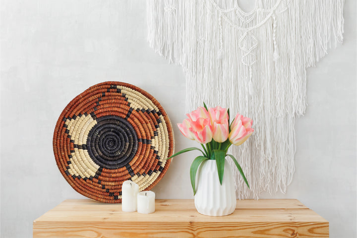 Authentic Handmade Navajo Inspired Wall Plate, Rustic Navajo Basket, Authentic Southwest Decor, 14" Palm Leaves Wall Basket Decor