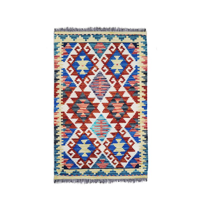 Red & Blue Mosaic 3.5 x 2 Ft Turkish Kilim Rug