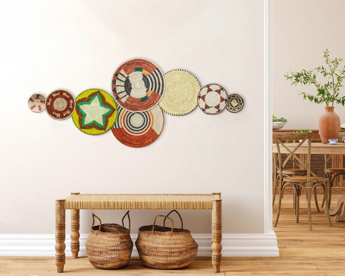 Boho wall basket set of 8, design 245, handwoven palm leaf baskets