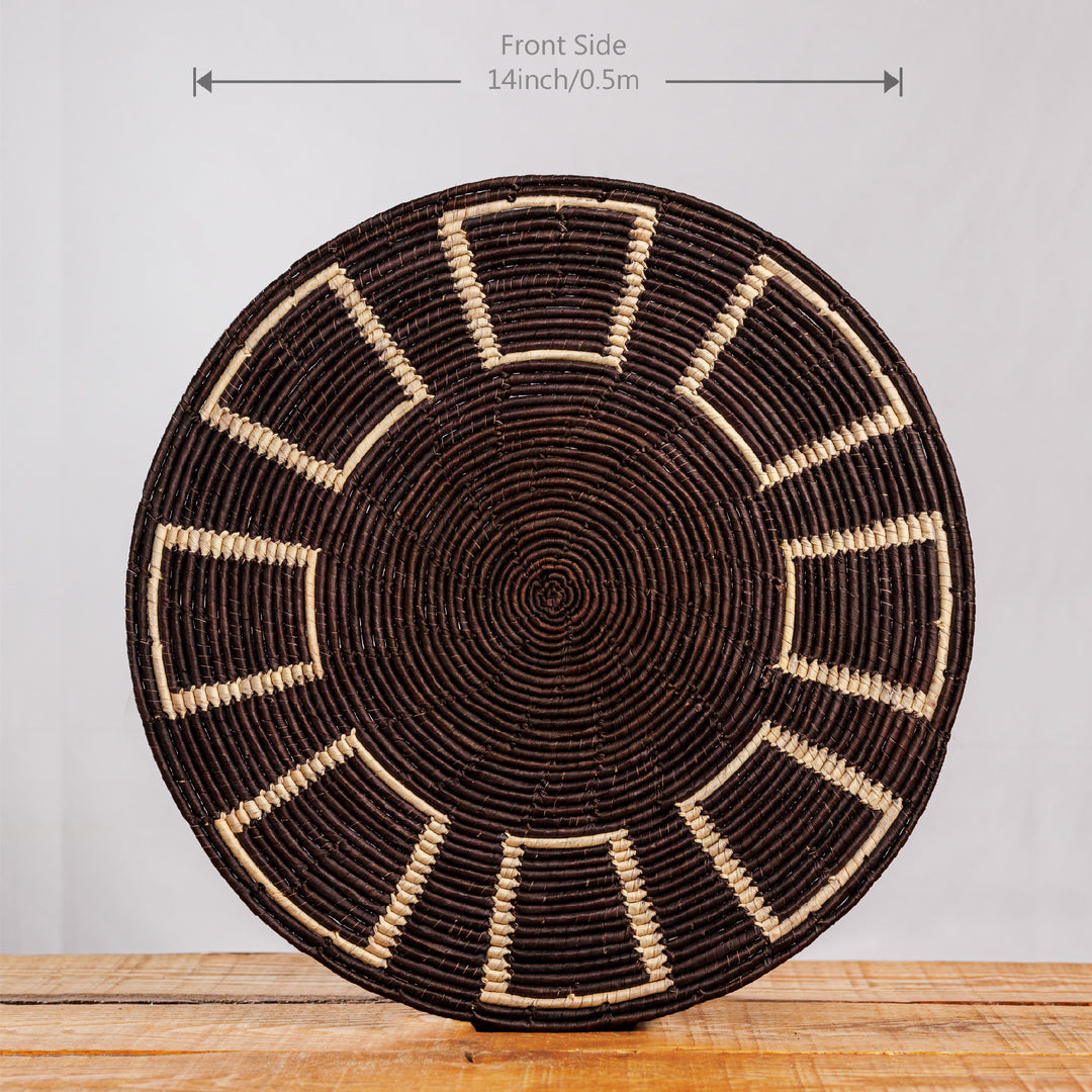 Black Obstract Hand Woven Mat, 14-inch Diameter and 0.1-inch Depth.