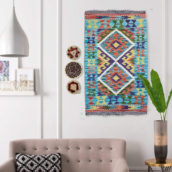 3x2 Afghan Kilim Rug with Handmade Wall Baskets | Wall Hanging Kilim & Basket Set | Unique Kilim Wall Decor