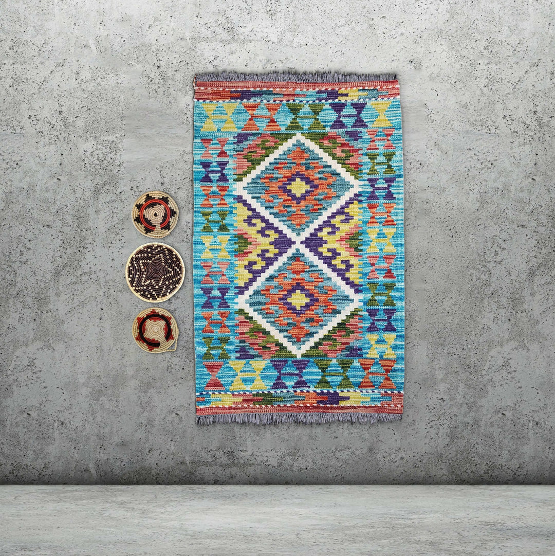 3x2 Afghan Kilim Rug with Handmade Wall Baskets | Wall Hanging Kilim & Basket Set | Unique Kilim Wall Decor