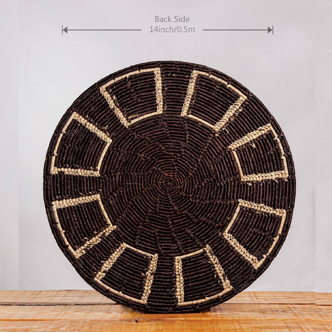 Black Obstract Hand Woven Mat, 14-inch Diameter and 0.1-inch Depth.