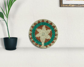 Green Navajo Inspired Star Thick Coil Flat Basket 10-Inch