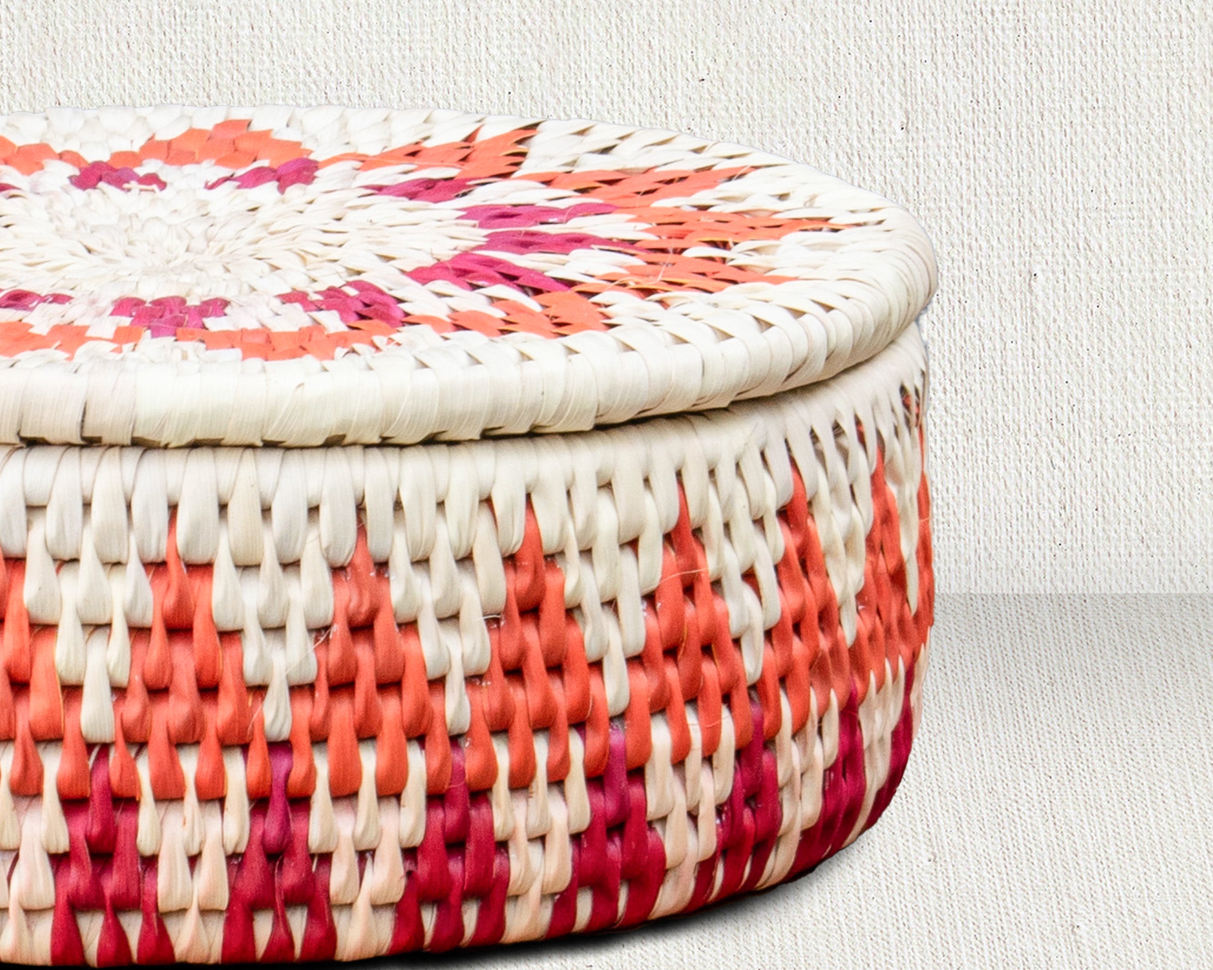 Handwoven Coral Pink Medallion Basket with Lid