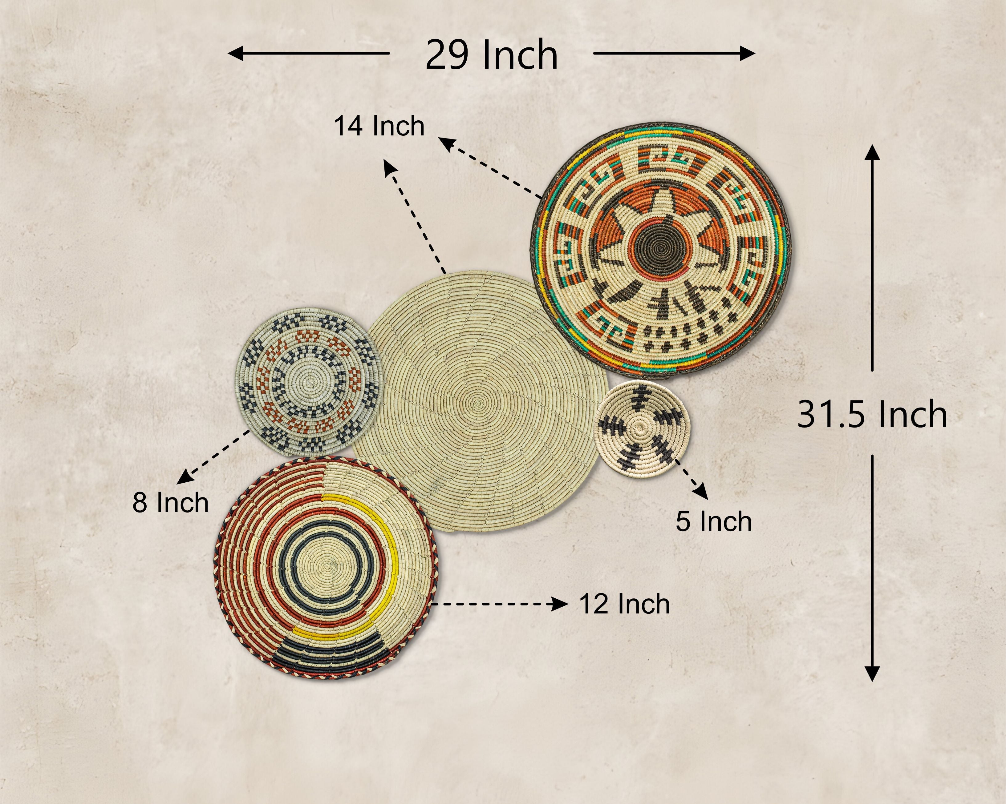 Set of 5 Handwoven wall baskets SET-64-5 N