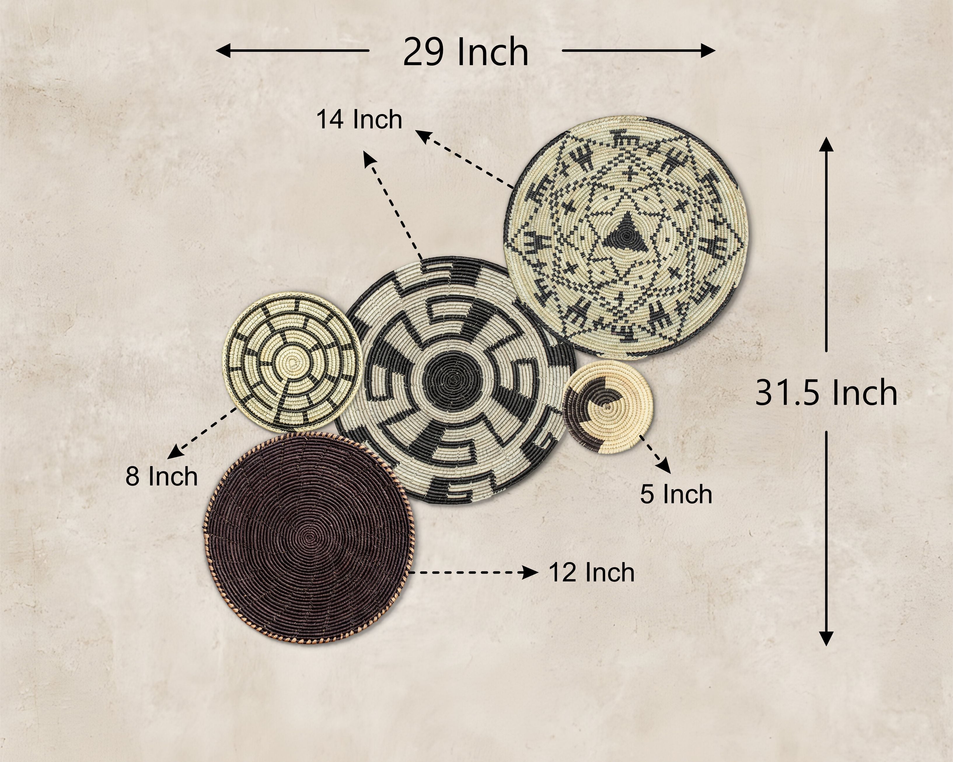 Set of 5 Handwoven wall baskets SET-65-5 N