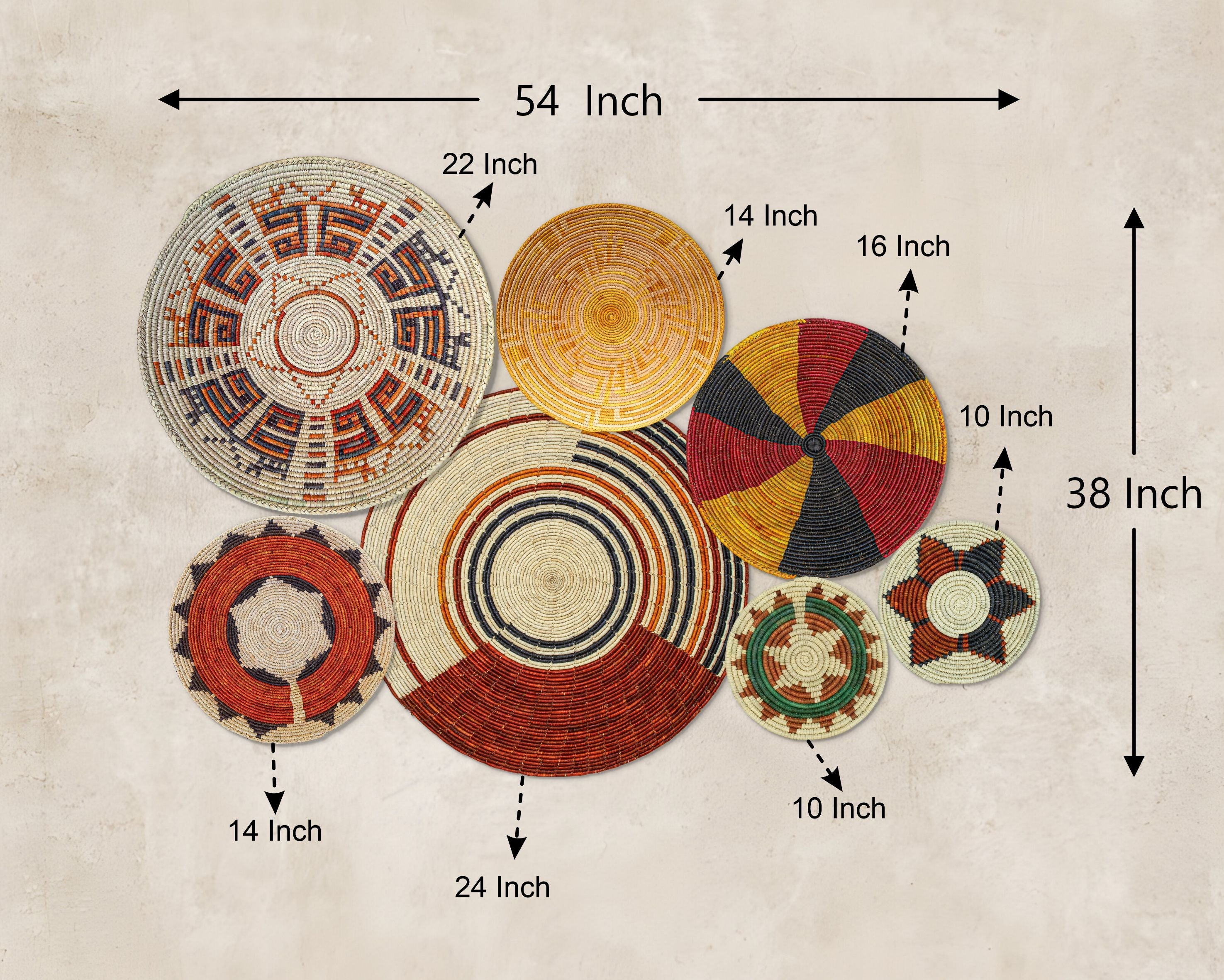 Set of 7 Handwoven wall baskets Set 36-7-N