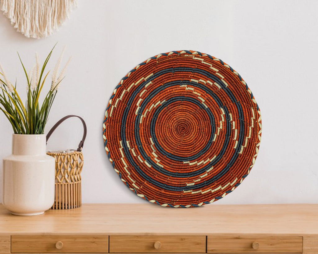 Vermillion Wing flat woven wall basket, 12-inch, handwoven natural seagrass and palm leaf