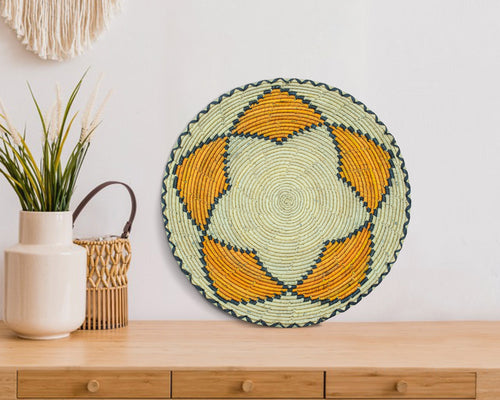 Five Directions flat woven wall basket, 12-inch, handwoven natural seagrass and palm leaf