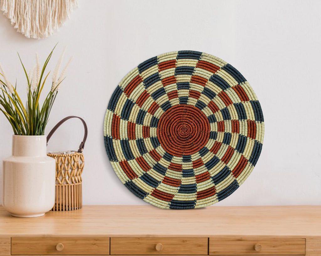 Helix Cinnabar flat woven wall basket, 12-inch, handwoven natural seagrass and palm leaf