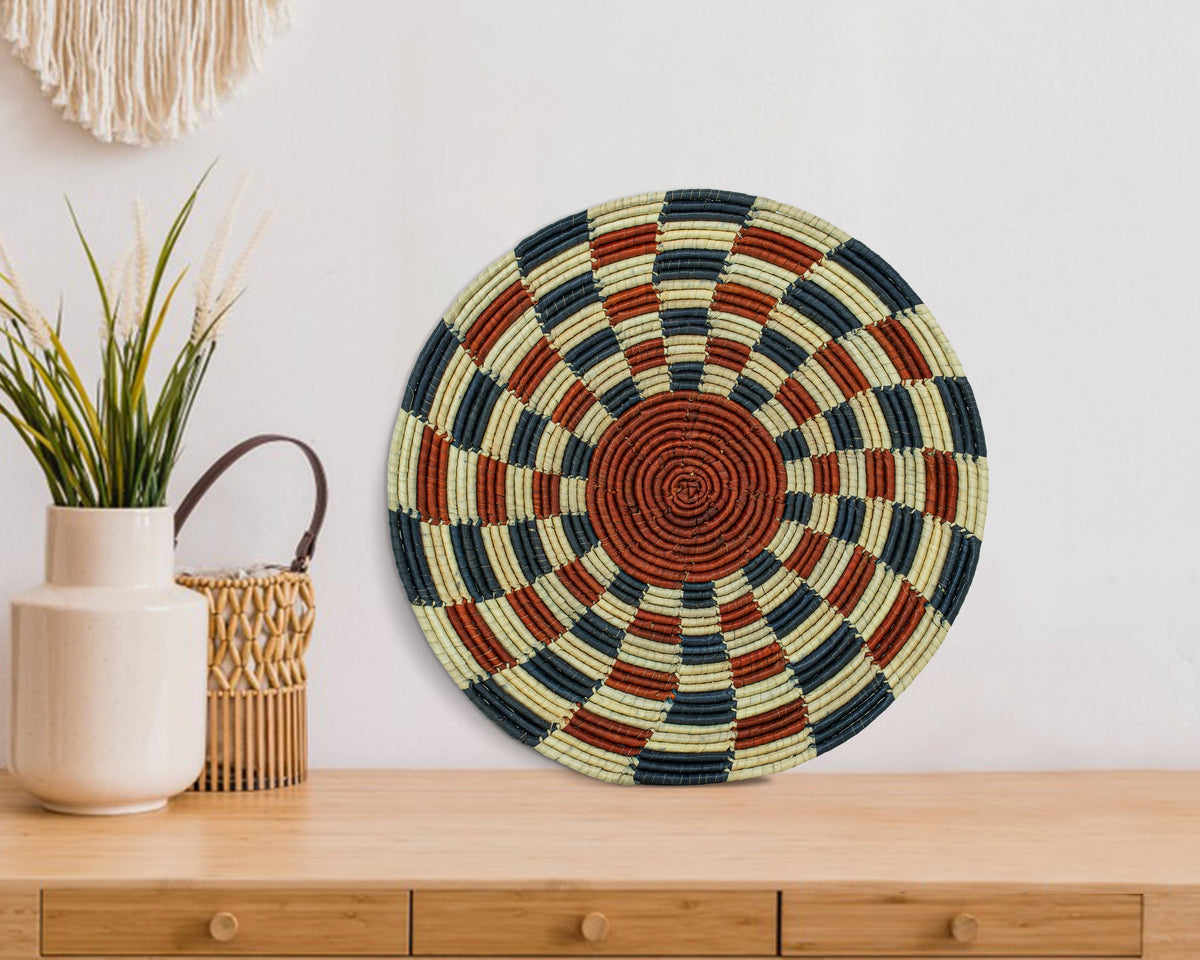 Helix Cinnabar flat woven wall basket, 12-inch, handwoven natural seagrass and palm leaf