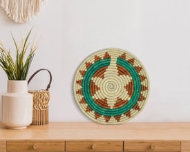 Green Navajo Inspired Star Thick Coil Flat Basket 10-Inch