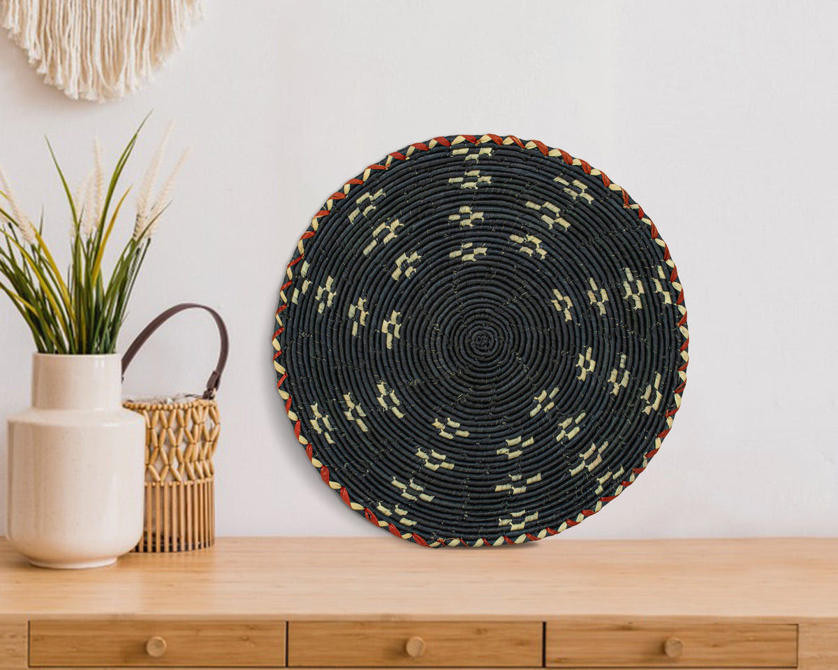 Obsidian Galaxy flat woven wall basket, 12-inch, handwoven natural seagrass and palm leaf