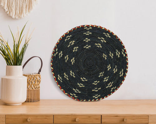 Obsidian Galaxy flat woven wall basket, 12-inch, handwoven natural seagrass and palm leaf