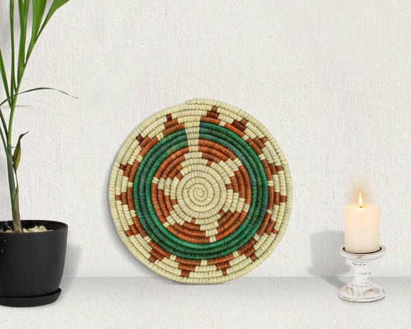 Green Navajo Inspired Star Thick Coil Flat Basket 10-Inch