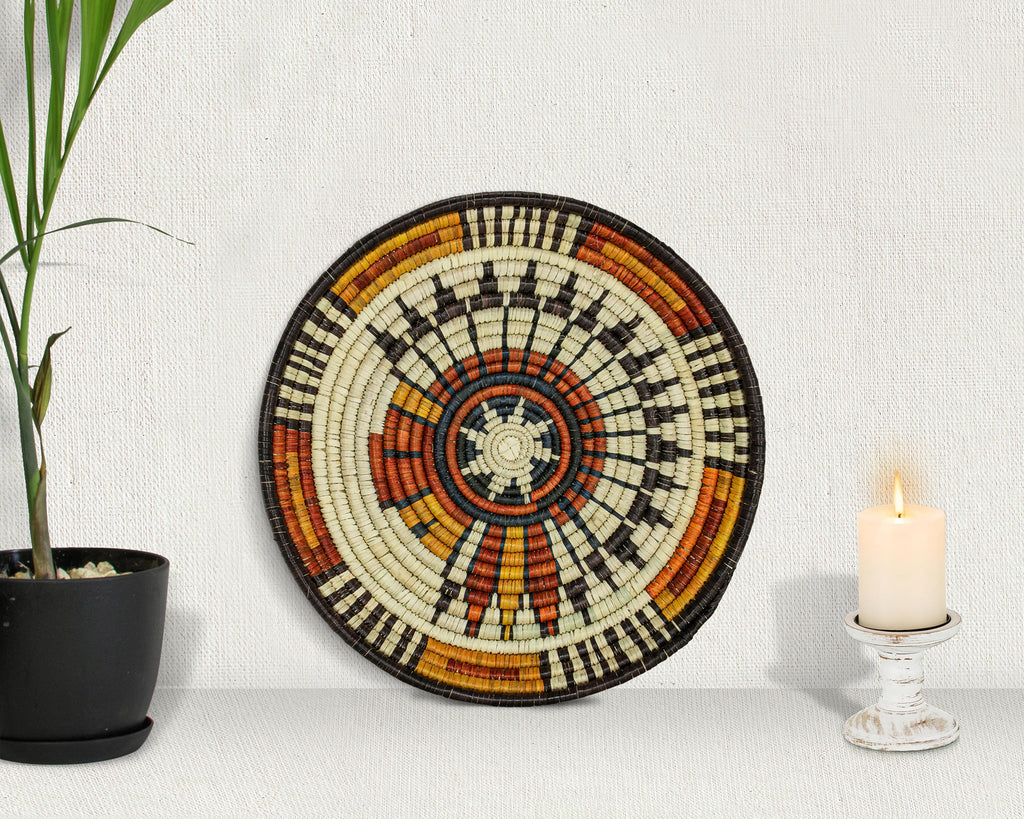 Wisdom coiled woven wall art, 12-inch, handwoven natural palm leaf and straw