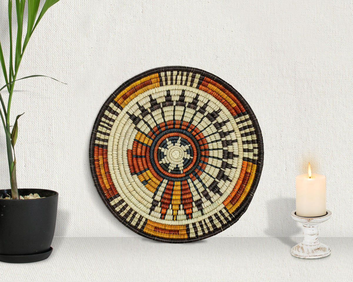 Wisdom coiled woven wall art, 12-inch, handwoven natural palm leaf and straw