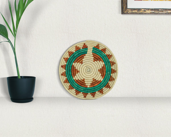 Sea Green Navajo Inspired Star Thick Coil Flat Basket 10-Inch