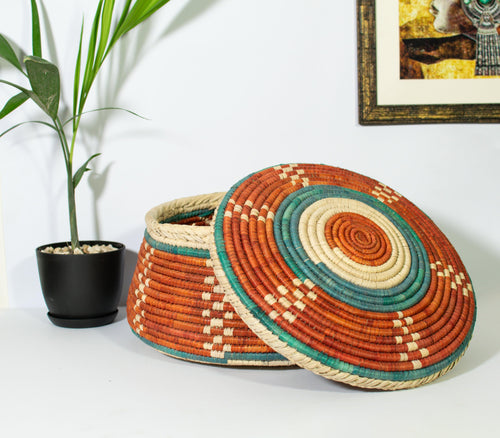 12" Dia Crimson Dots Lidded Basket