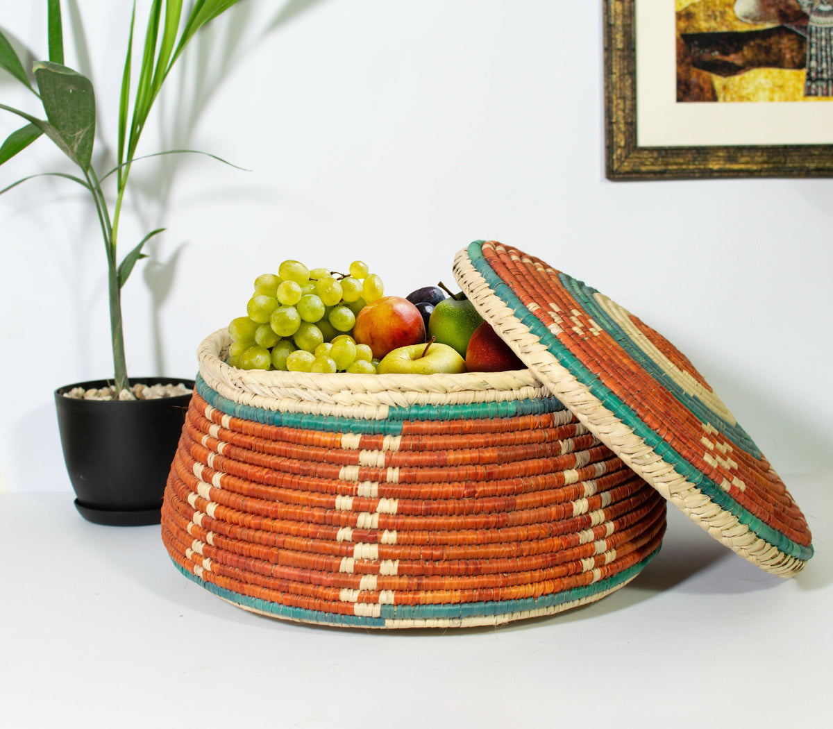 12" Dia Crimson Dots Lidded Basket