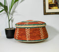 Crimson Dots woven basket with lid, 12-inch, handwoven natural seagrass and palm leaf