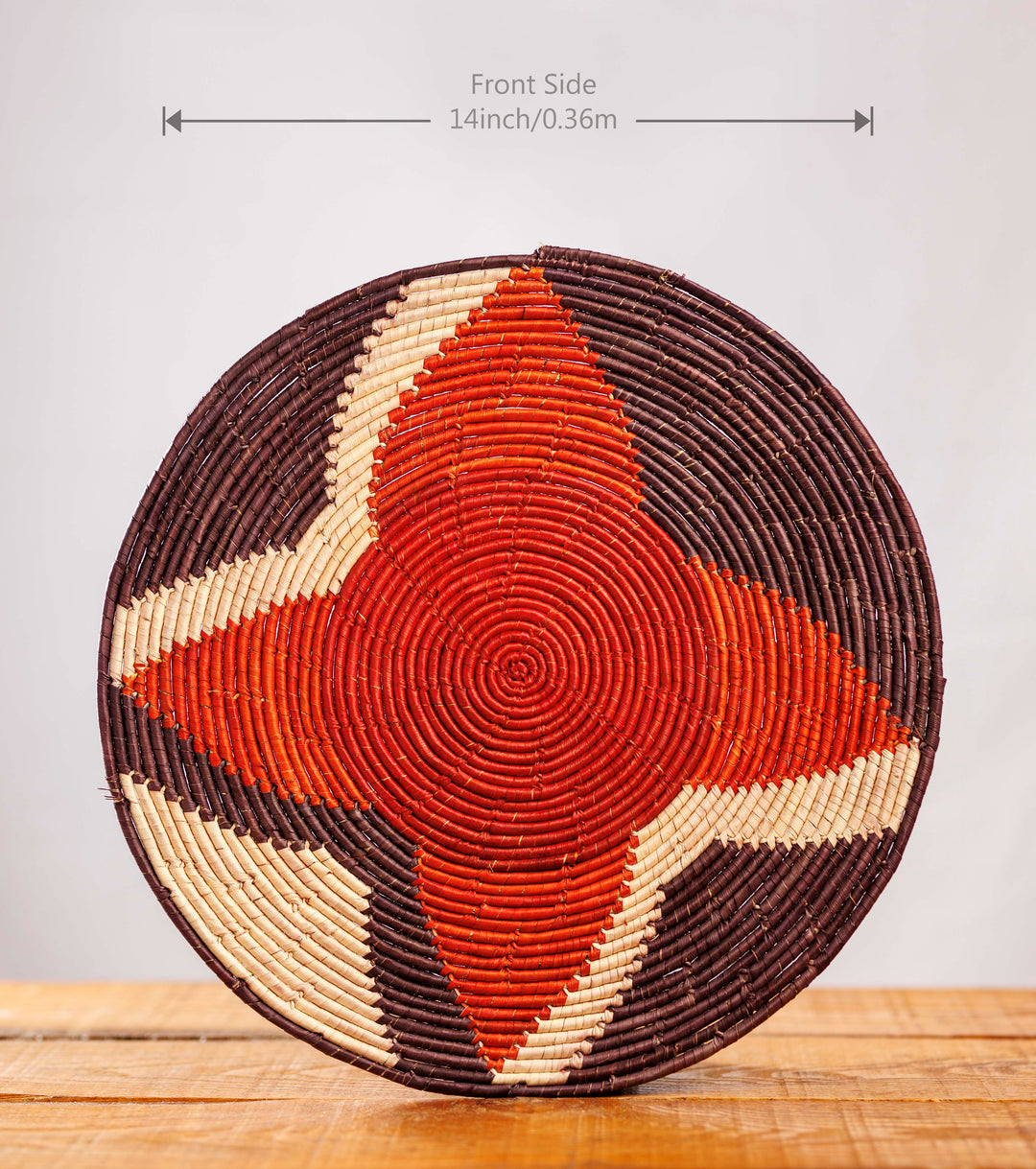 Red Fan Hand Woven Mat, 14-inch Diameter and 0.2-inch Depth.