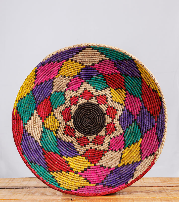 Rainbow Flower Hand Woven Basket, 14-inch Diameter and 2-inch Depth