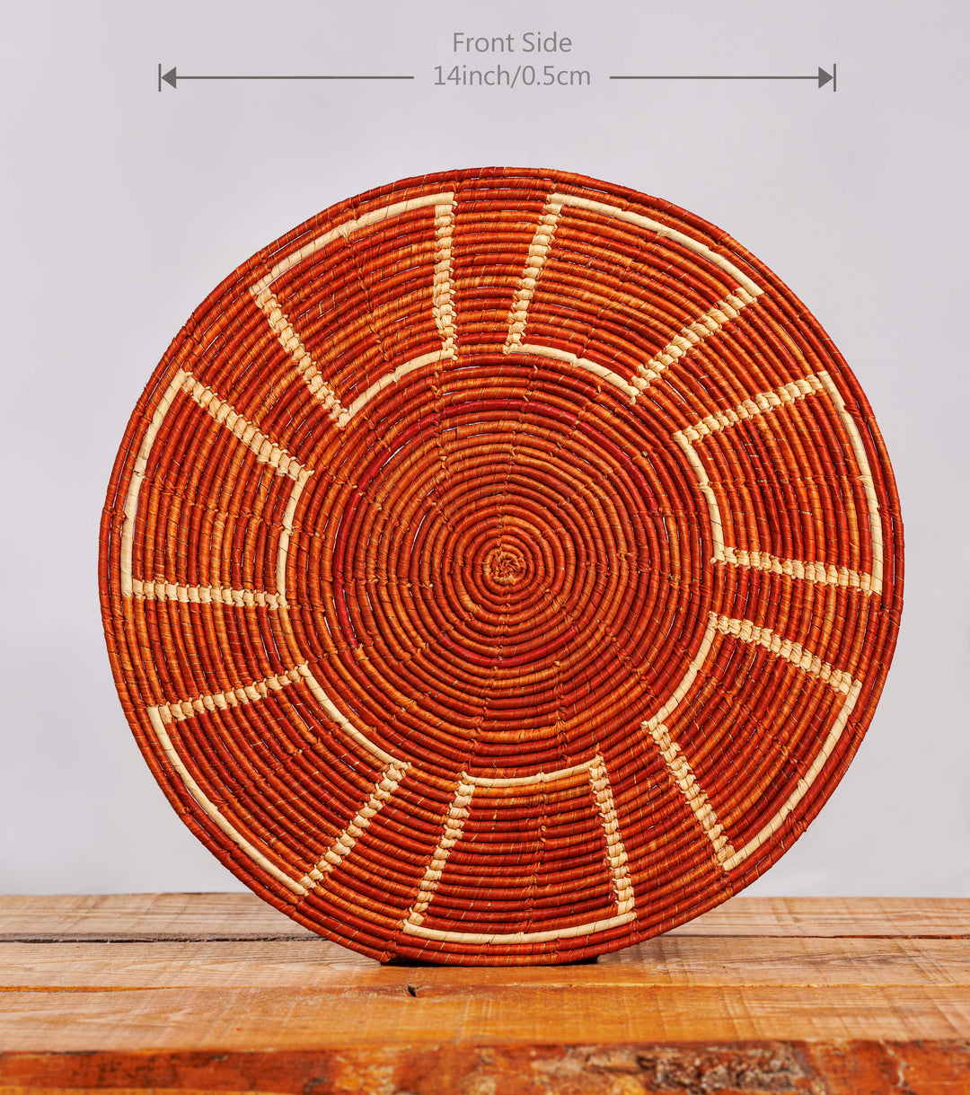 Orange Obstract Hand Woven Mat, 14-inch Diameter and 0.1-inch Depth.