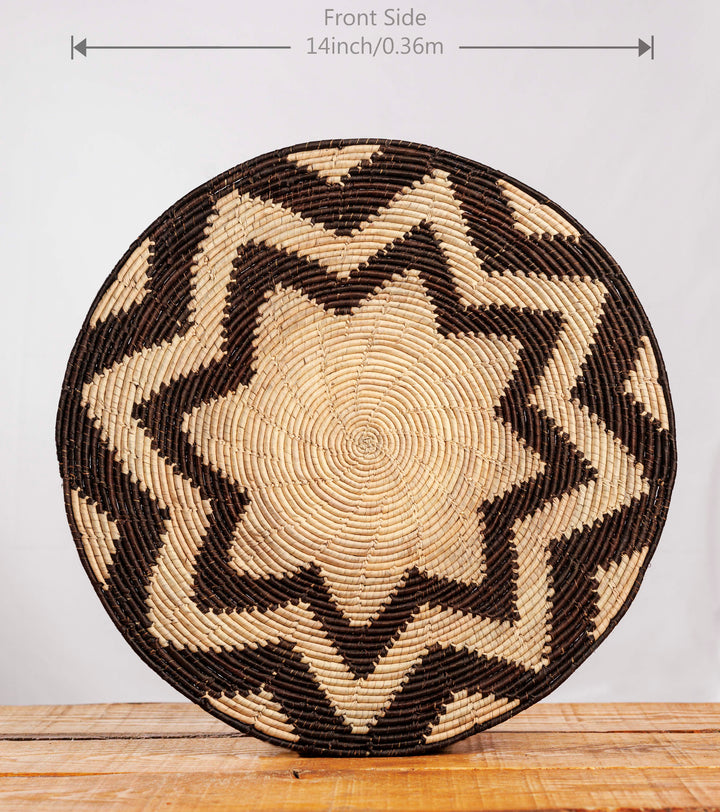 Eight Pyramid Black Hand-Woven Mat, 14-inch Diameter and 0.2-inch Depth.