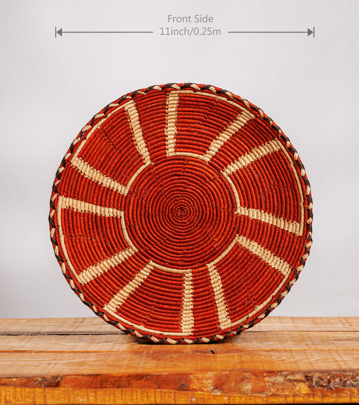 Red Obstract Hand-Woven Plate, 11-inch Diameter and 0.1-inch Depth.