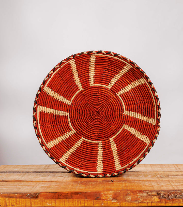 Red Obstract Hand-Woven Plate, 11-inch Diameter and 0.1-inch Depth.