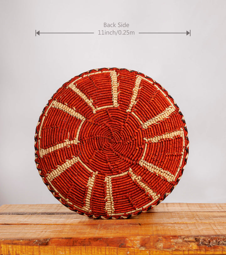 Red Obstract Hand-Woven Plate, 11-inch Diameter and 0.1-inch Depth.