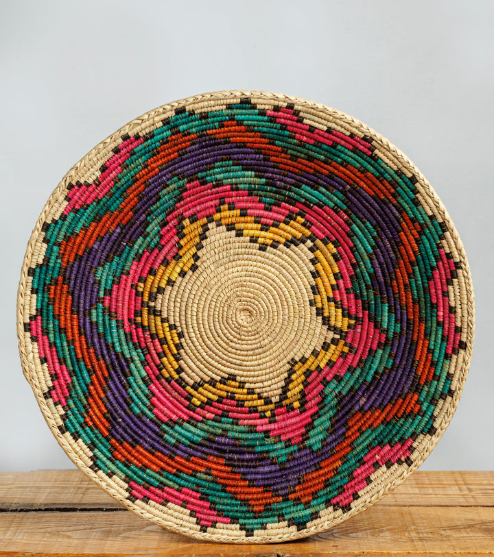 Multi Pyramid Design Hand-Woven Basket, 14-inch Diameter and 2.5-inch Depth.