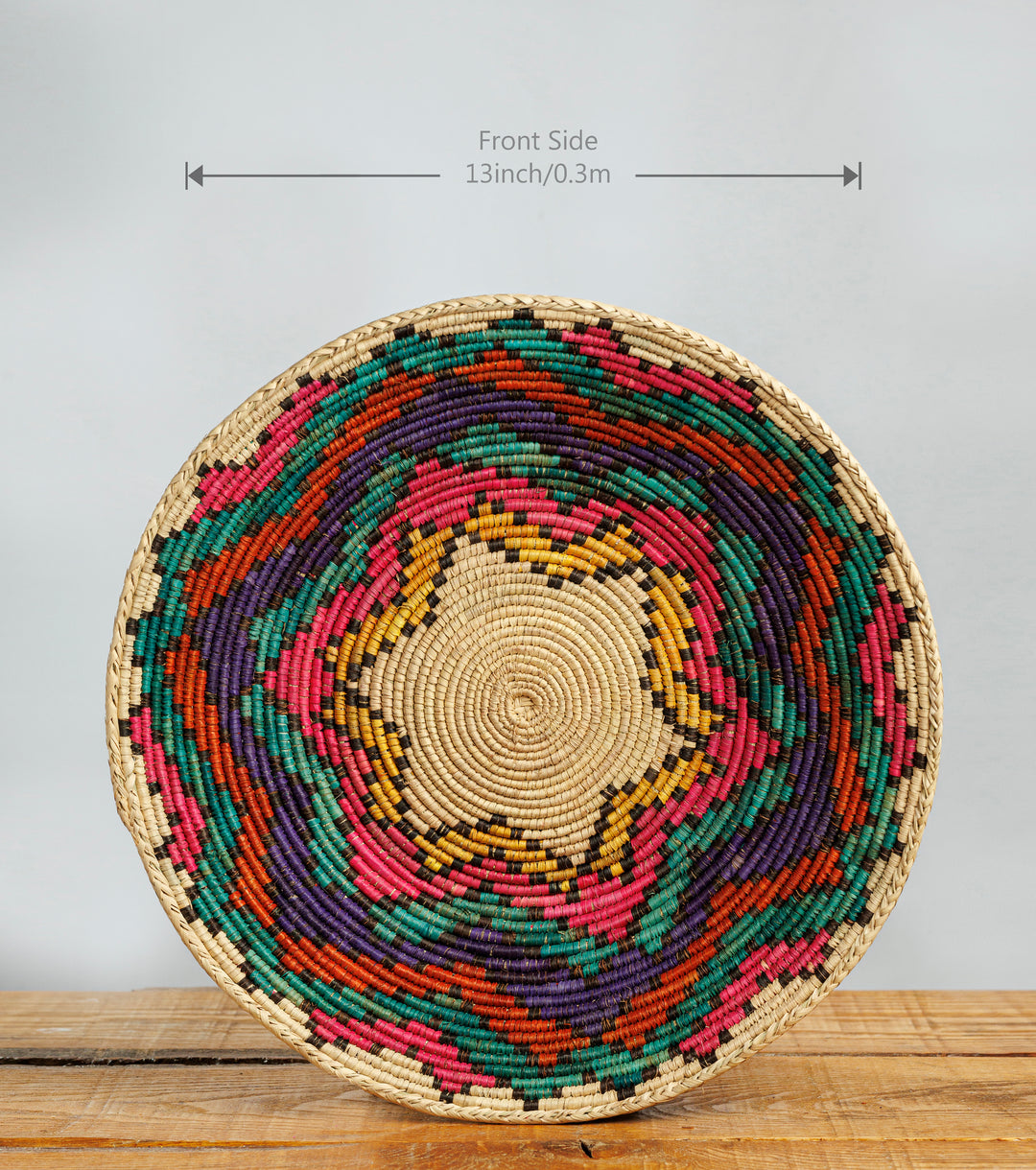 Multi Pyramid Design Hand-Woven Basket, 14-inch Diameter and 2.5-inch Depth.