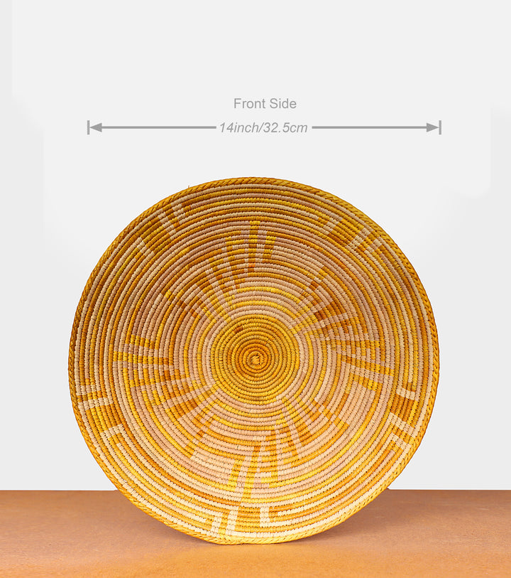 Yellow Abstract Hand-Woven Basket, 14-inch Diameter and 3-inch Depth