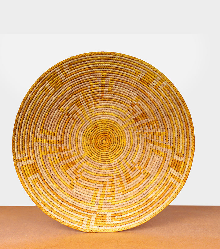 Yellow Abstract Hand-Woven Basket, 14-inch Diameter and 3-inch Depth