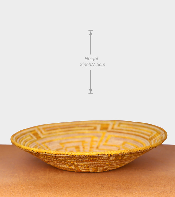 Yellow Abstract Hand-Woven Basket, 14-inch Diameter and 3-inch Depth