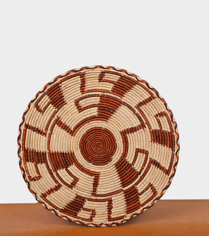 Abstract Brown Palm Design Hand-Woven Plate, 12-inch Diameter and 1-inch Depth.