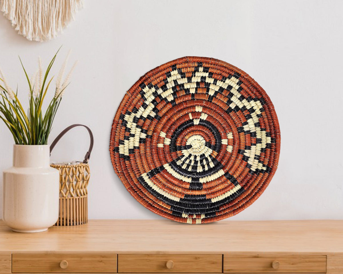 Doll coiled woven wall art, handwoven natural palm leaf and straw