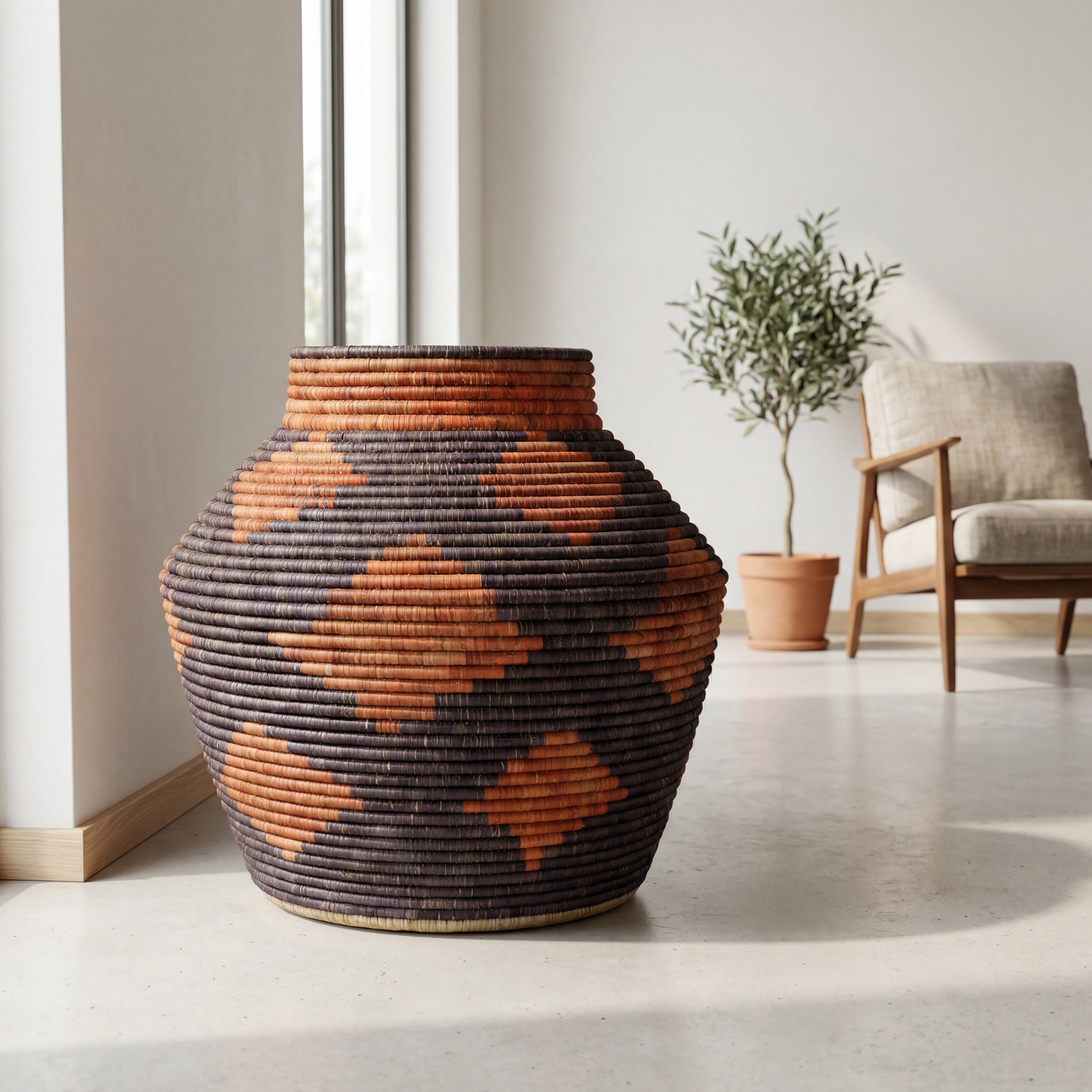 Charcoal Grey Burnt Orange Diamond Potter Basket