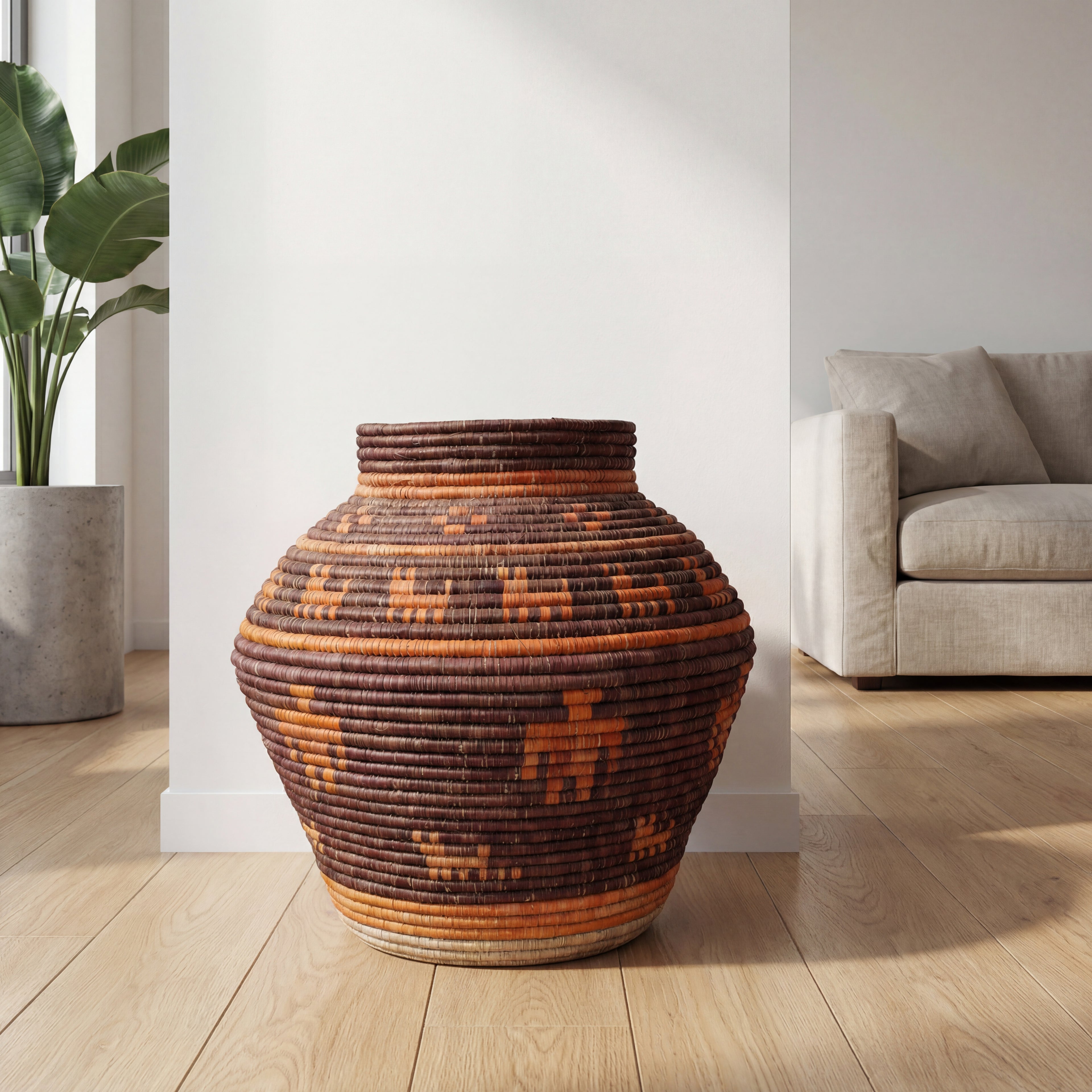 Handwoven Burnt Orange Tribal Figures Potter Basket