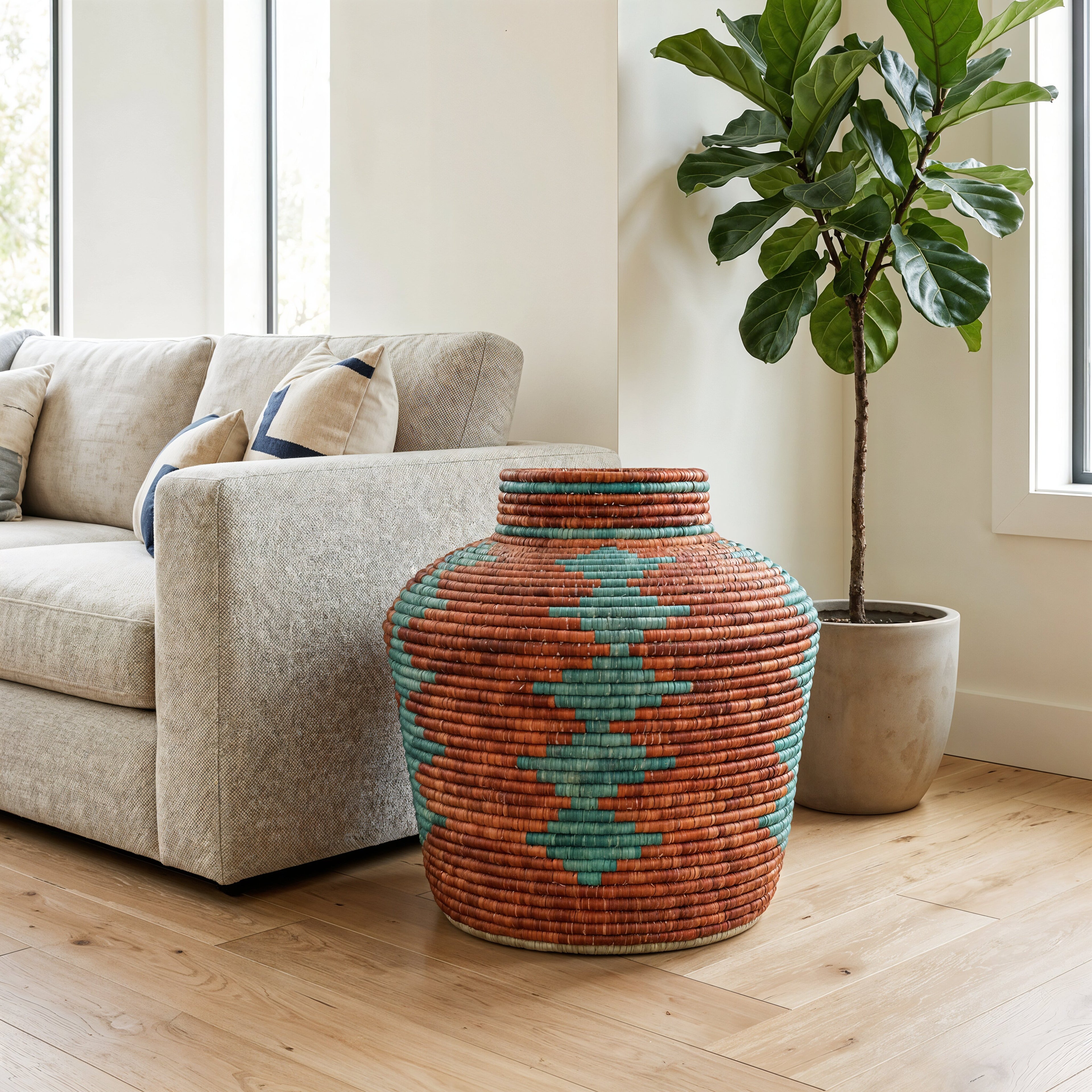 Large Handwoven Desert Turquoise Diamond Potter Basket