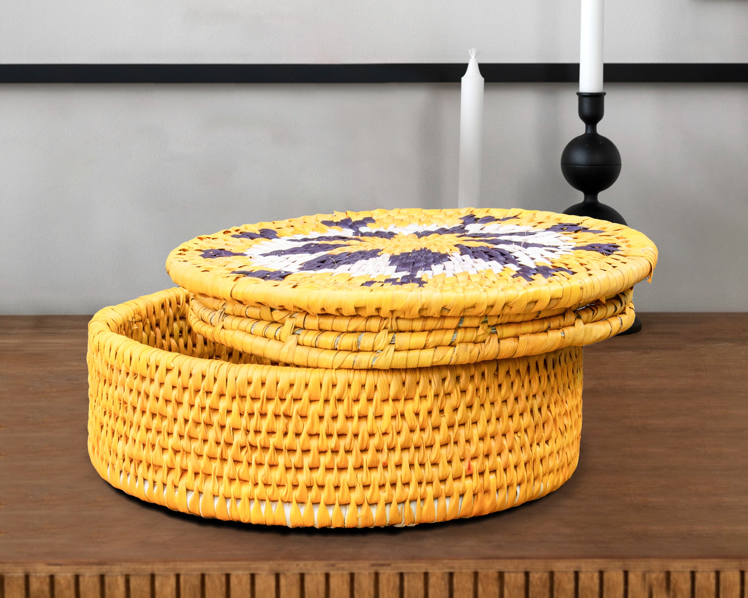 Handwoven Sunburst Mandala Basket with Lid