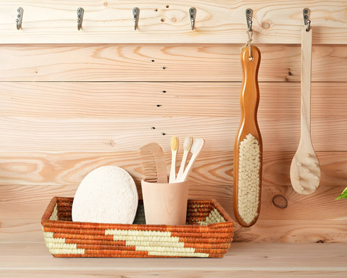 Tawny Storm woven utensil holder, 10-inch tall, handwoven natural seagrass and palm leaf
