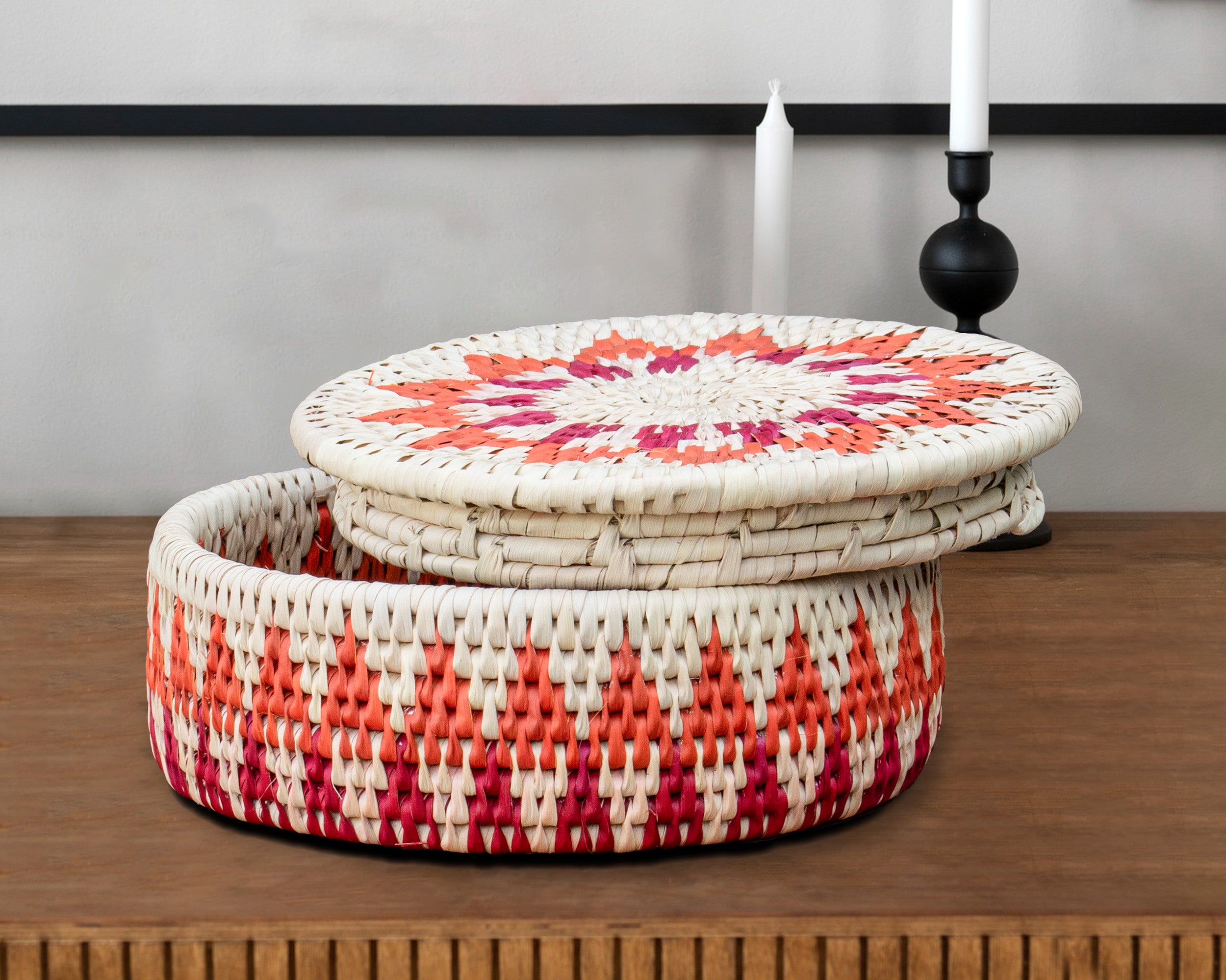 Handwoven Coral Pink Medallion Basket with Lid