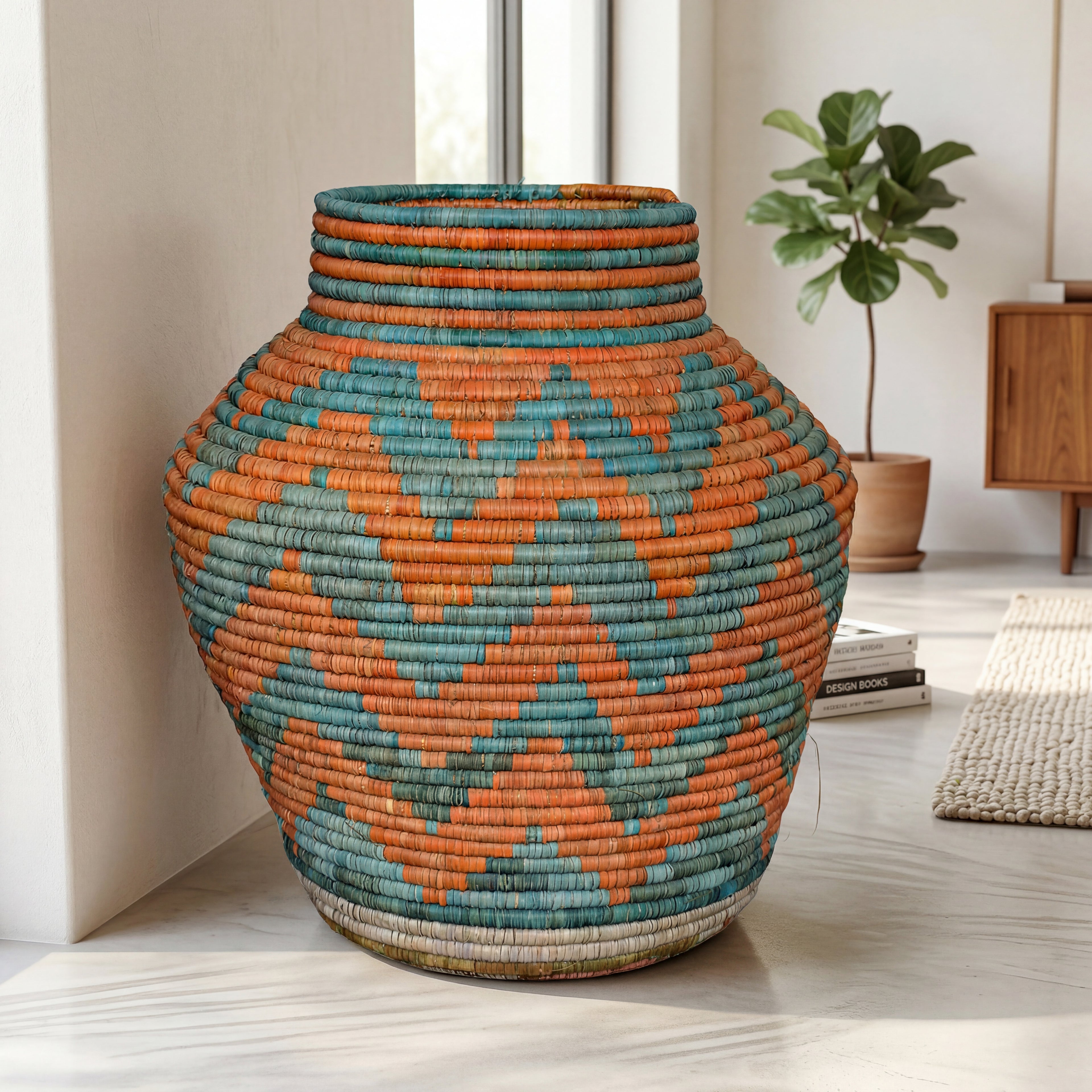 Large Turquoise Orange Diamond Potter Basket