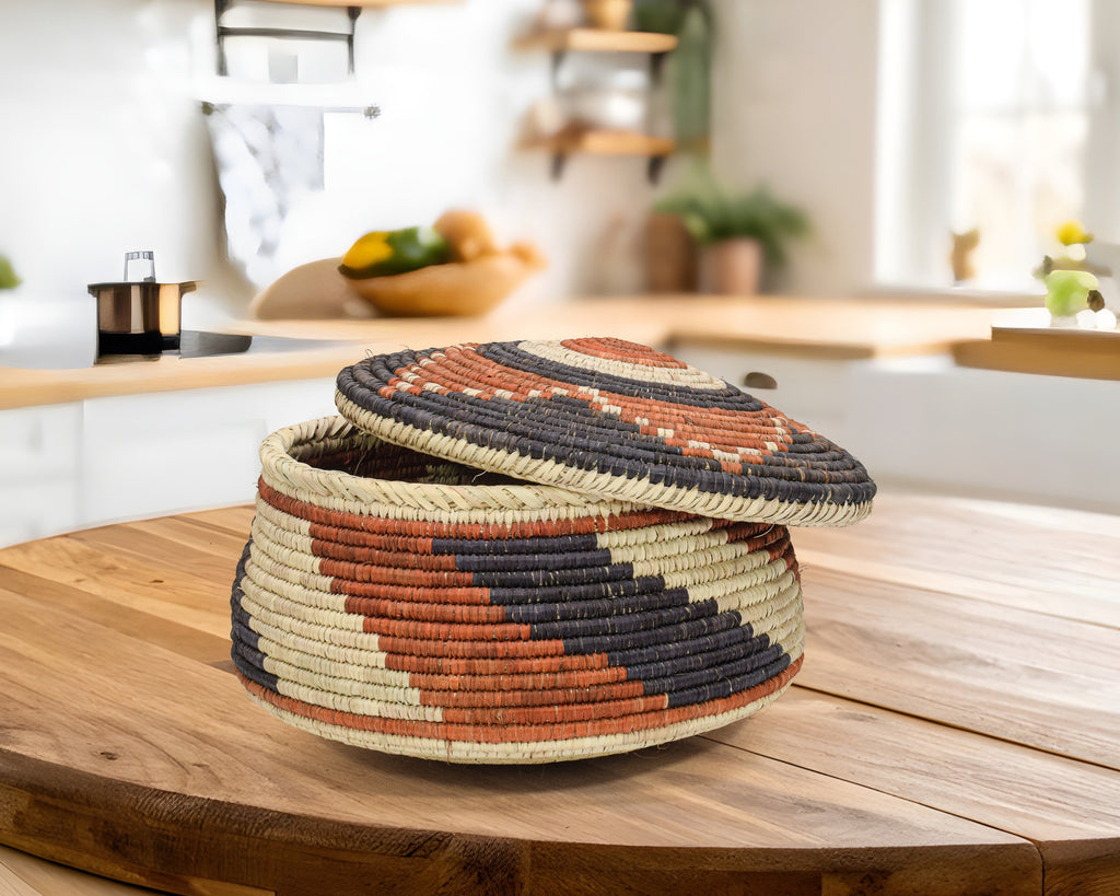Rust Lotus Lidded Basket