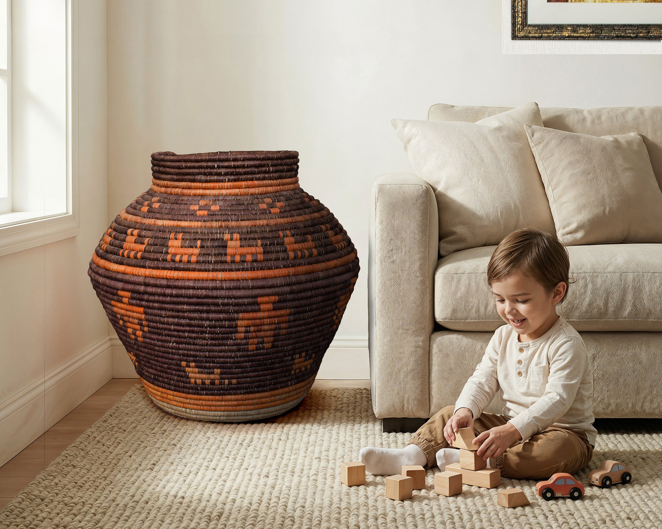 Handwoven Burnt Orange Tribal Figures Potter Basket