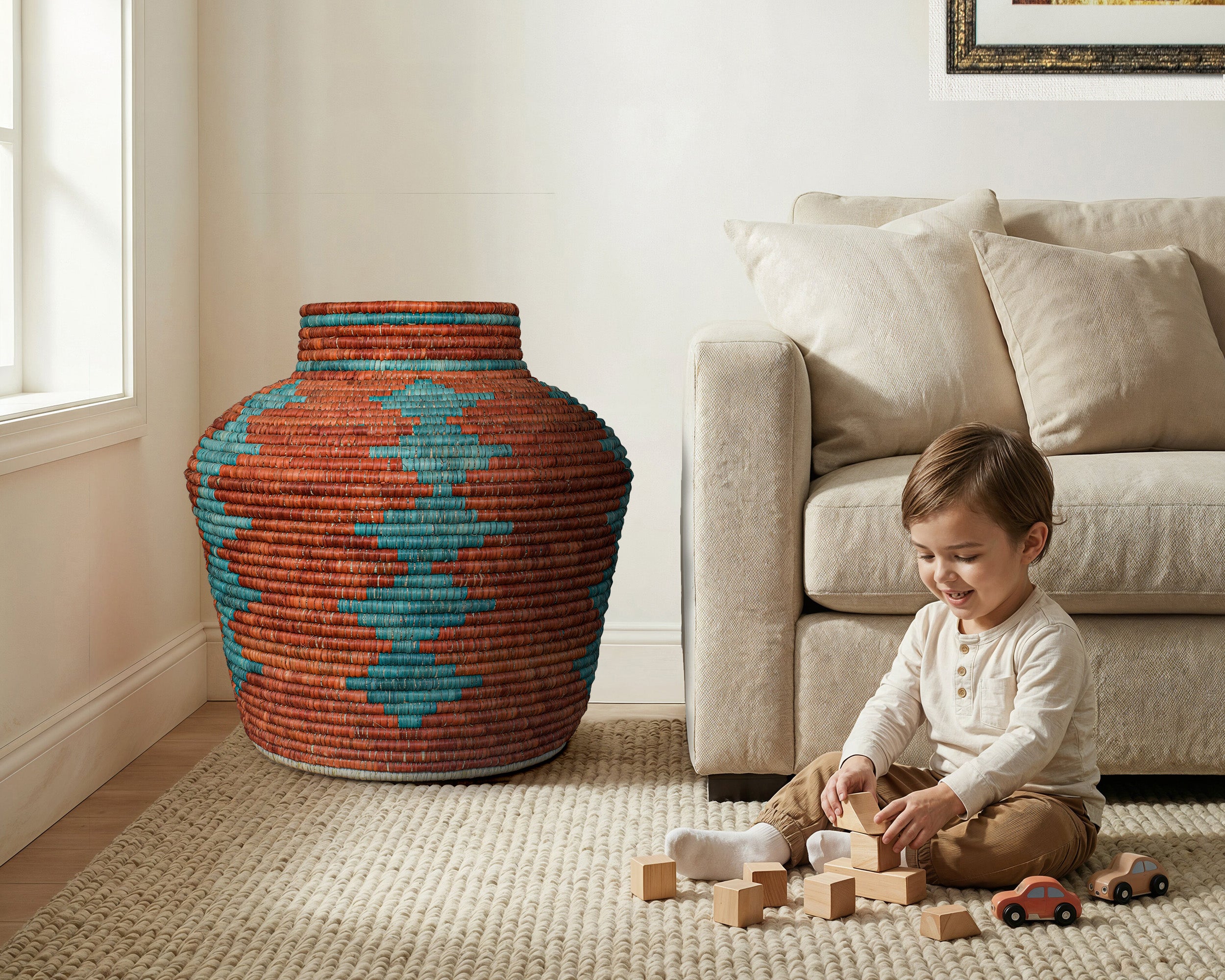 Large Handwoven Desert Turquoise Diamond Potter Basket